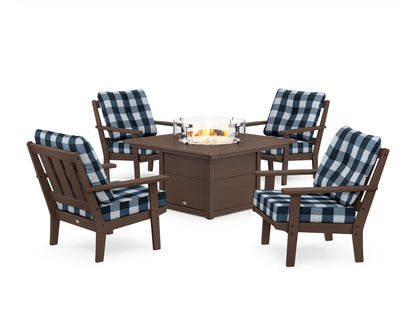 POLYWOOD® Oxford 5-Piece Deep Seating Set with Fire Pit Table in Mahogany / Buffalo Plaid Marine Indigo