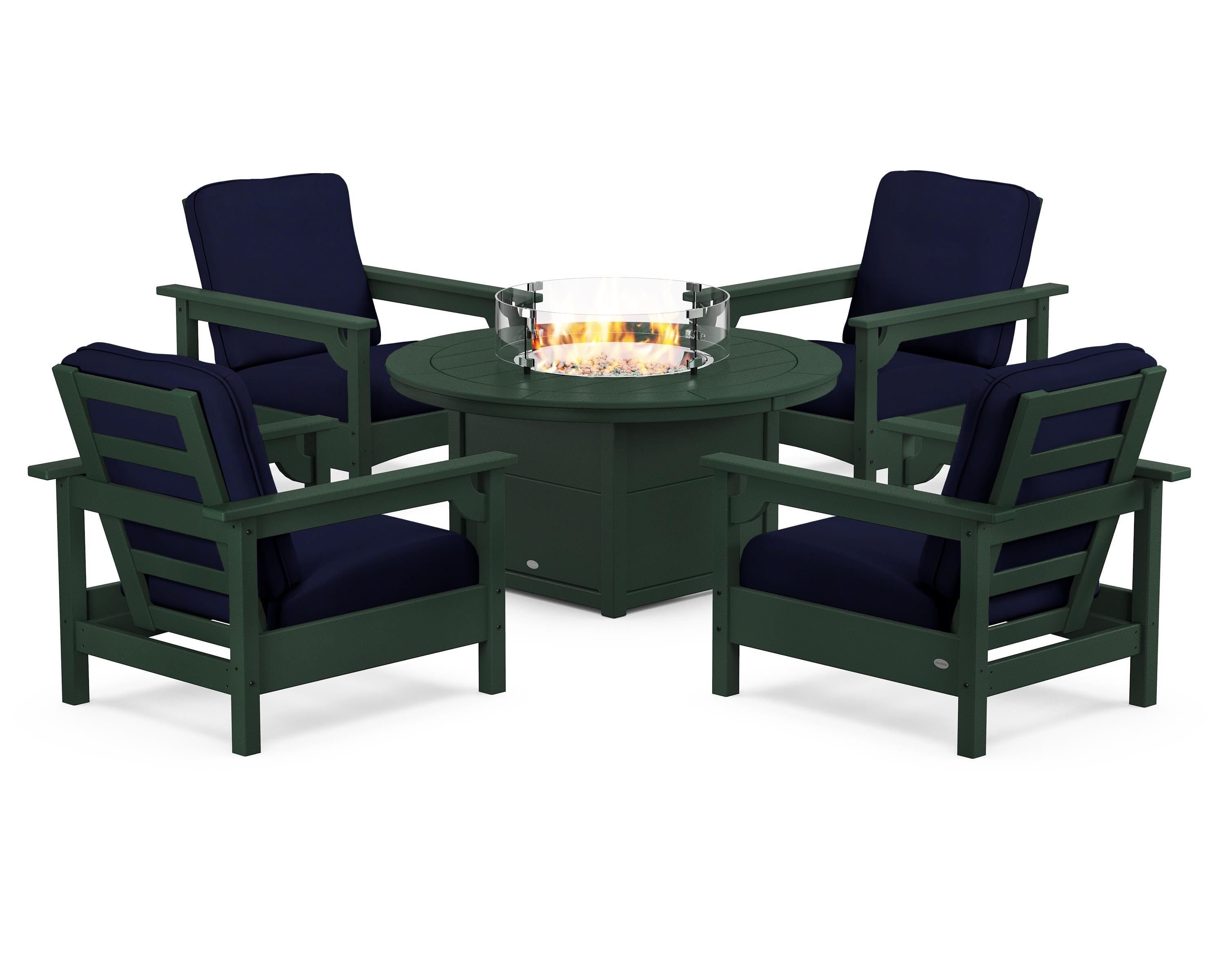 POLYWOOD® Club 5-Piece Conversation Set with Fire Pit Table in Green / Navy