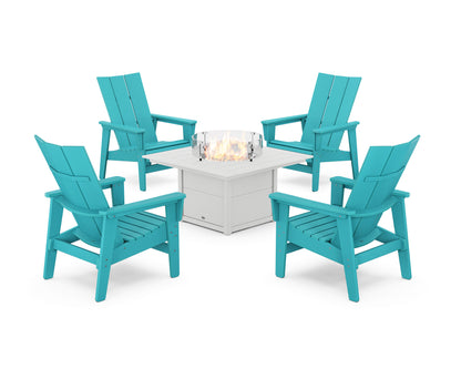 POLYWOOD® 5-Piece Modern Grand Upright Adirondack Conversation Set with Fire Pit Table in Aruba / White