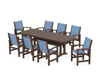 POLYWOOD® Coastal 9-Piece Dining Set with Trestle Legs in Mahogany / Poolside Sling