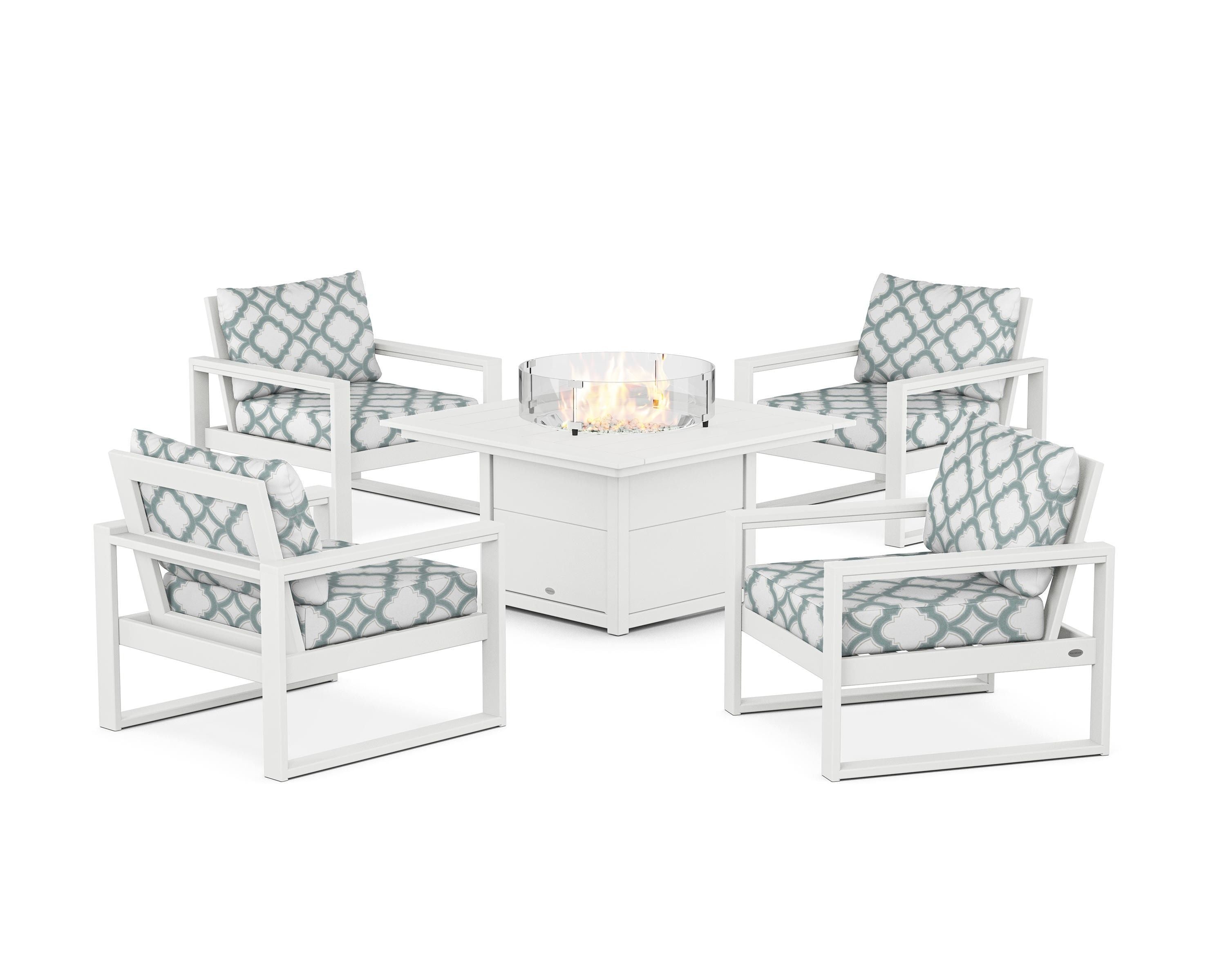 POLYWOOD® EDGE Sectional 5-Piece Deep Seating Set with Fire Pit Table in White / Trellis Glacier Spa