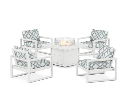 POLYWOOD® EDGE Sectional 5-Piece Deep Seating Set with Fire Pit Table in White / Trellis Glacier Spa
