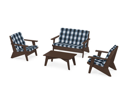 POLYWOOD® Riviera Modern Lounge 4-Piece Set in Mahogany / Buffalo Plaid Marine Indigo
