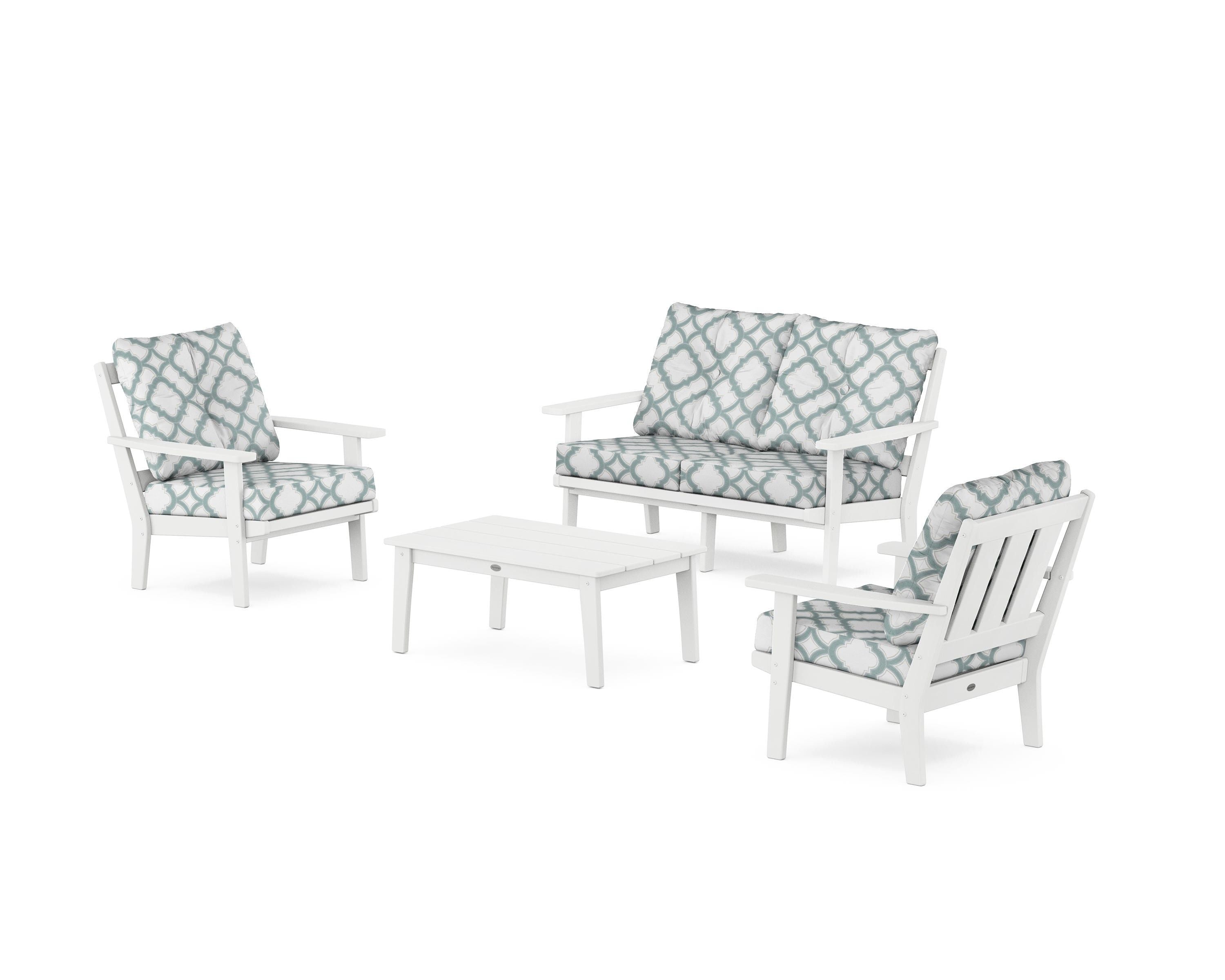 POLYWOOD® Oxford 4-Piece Deep Seating Set with Loveseat in White / Trellis Glacier Spa
