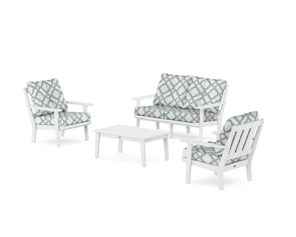 POLYWOOD® Oxford 4-Piece Deep Seating Set with Loveseat in White / Trellis Glacier Spa