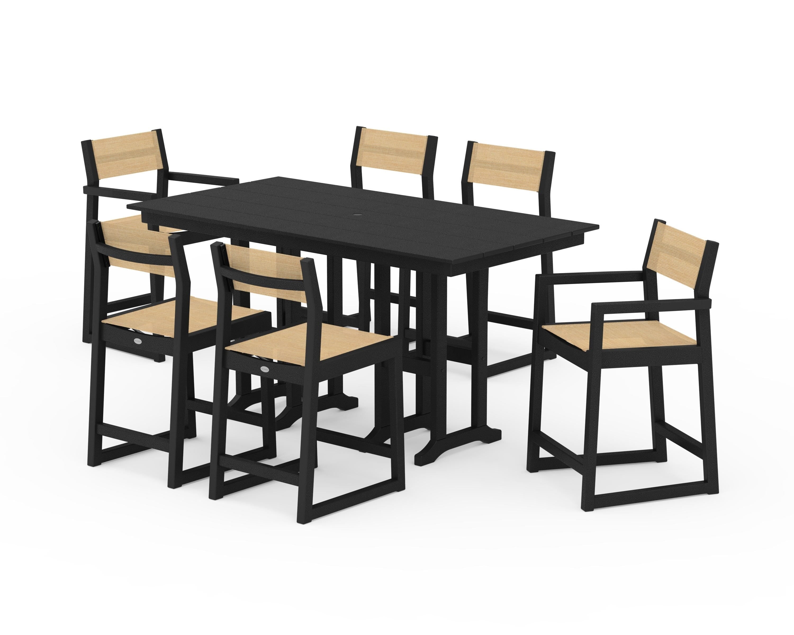 POLYWOOD® EDGE Sling 7-Piece Farmhouse Counter Set in Black / Dupioni Apricot Sling