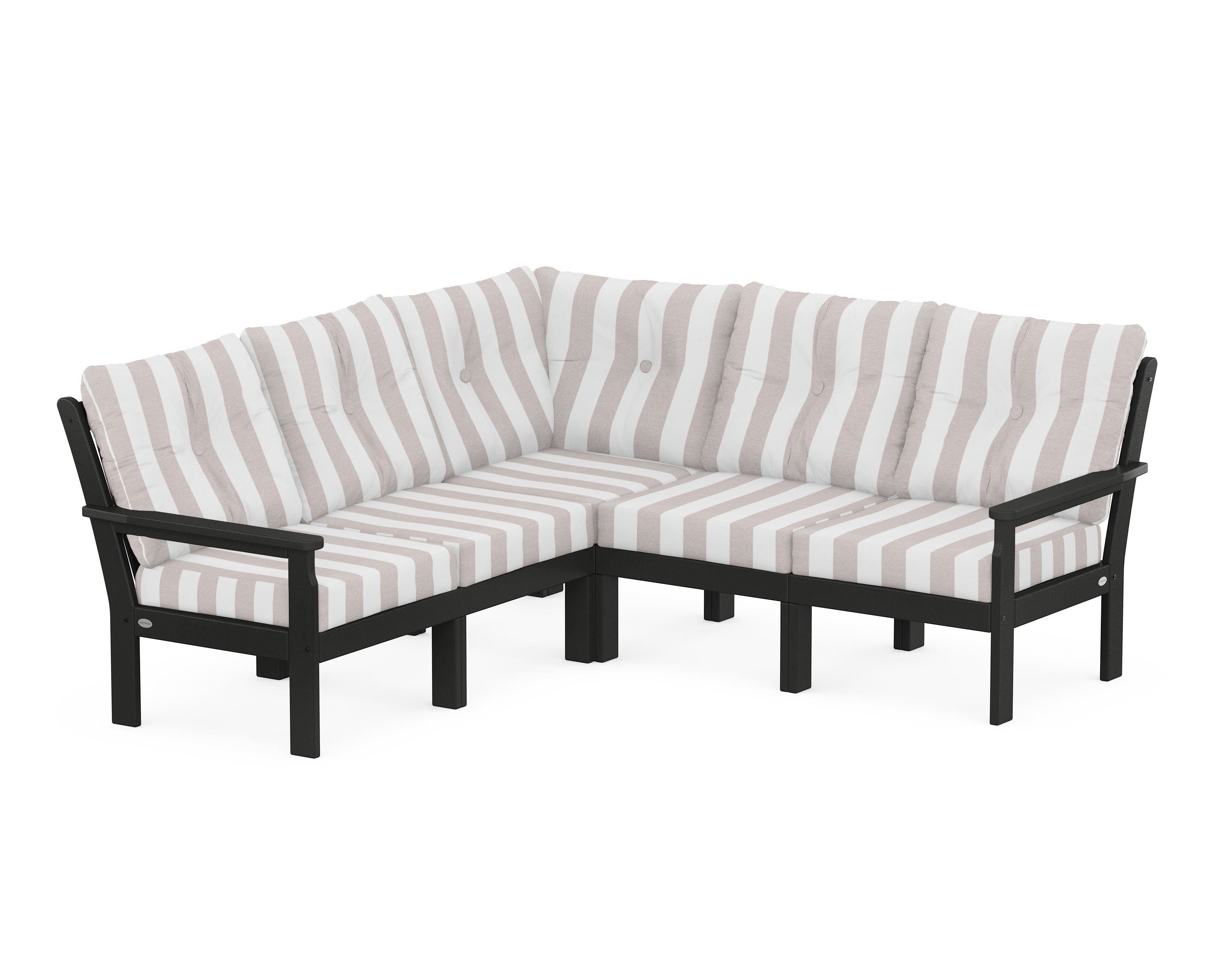 POLYWOOD® Vineyard 5-Piece Sectional in Black / Cabana Stripe Dune Burlap