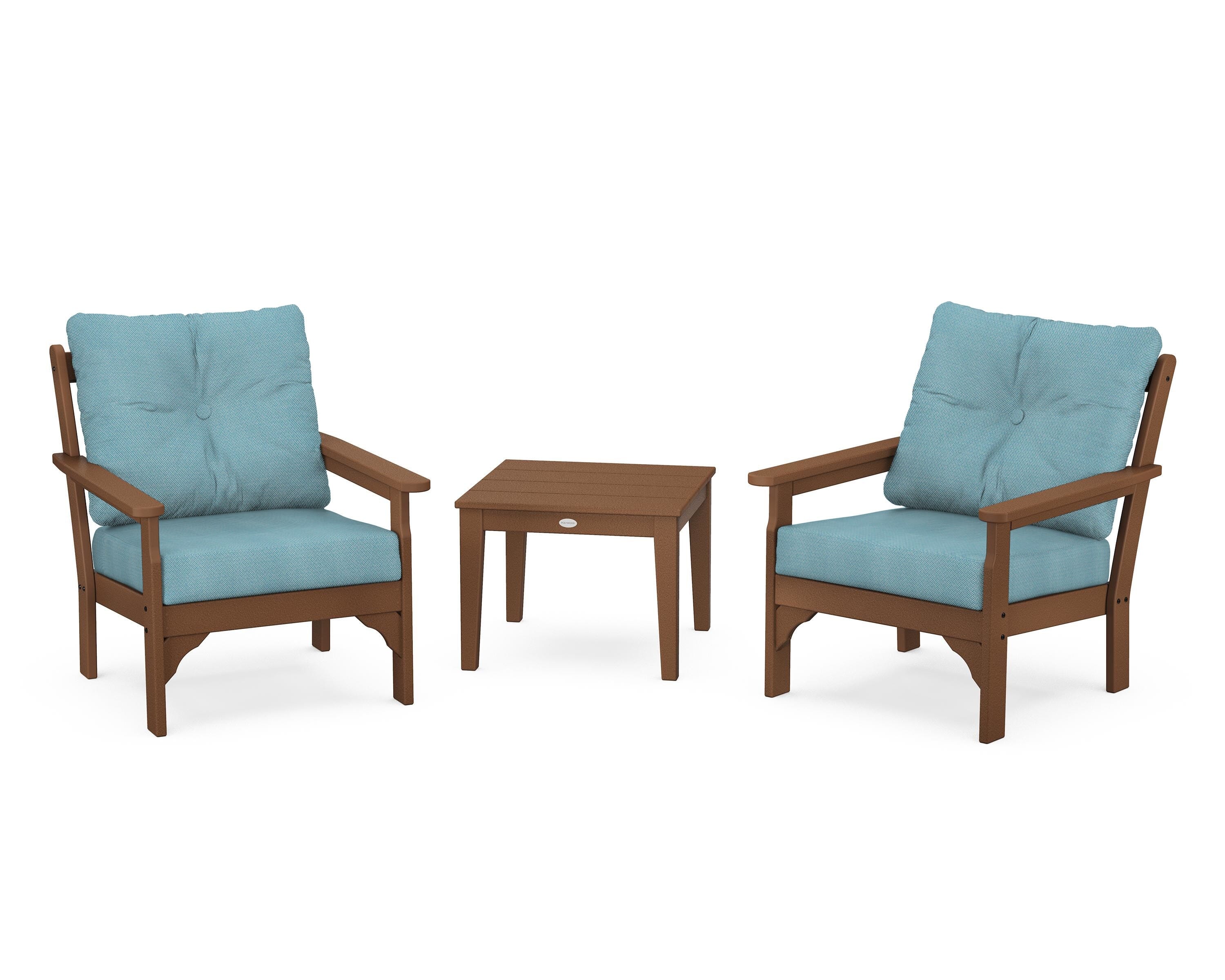 POLYWOOD® Vineyard 3-Piece Deep Seating Set in Teak / Lattice Sky Blue