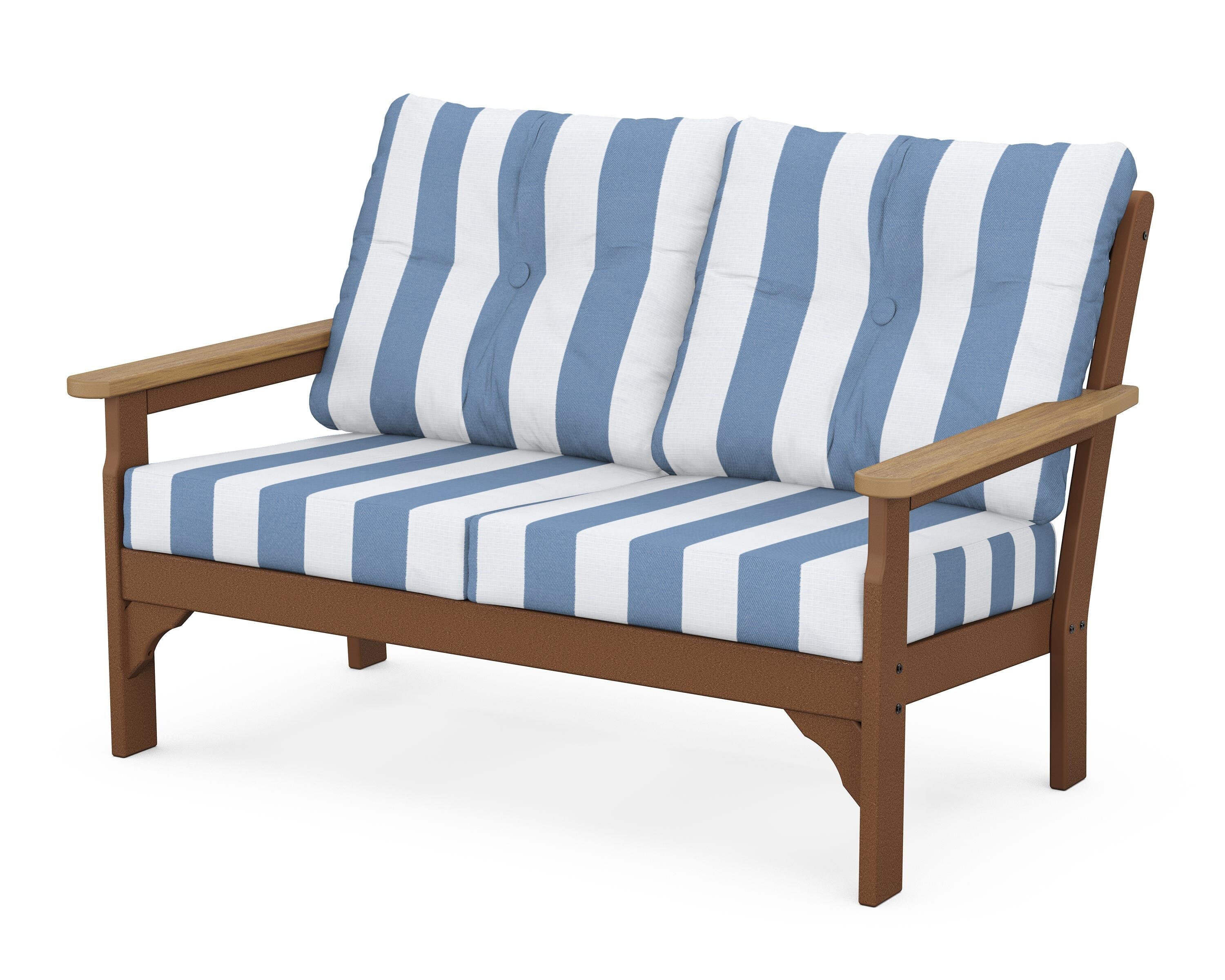POLYWOOD® Vineyard Deep Seating Loveseat in Teak / Natural / Cabana Stripe Sky Blue