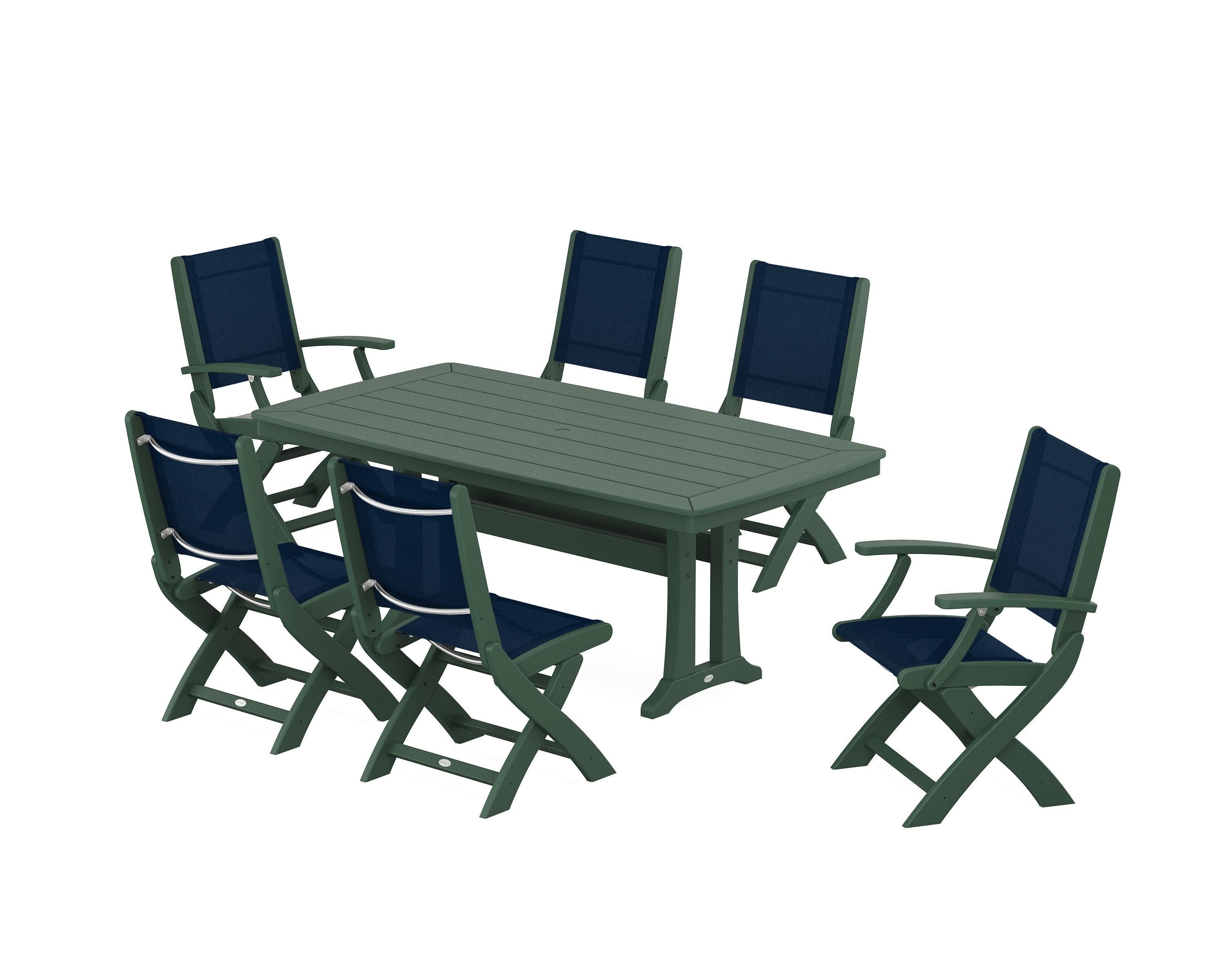 POLYWOOD® Coastal Folding Chair 7-Piece Dining Set with Trestle Legs in Green / Navy Blue Sling