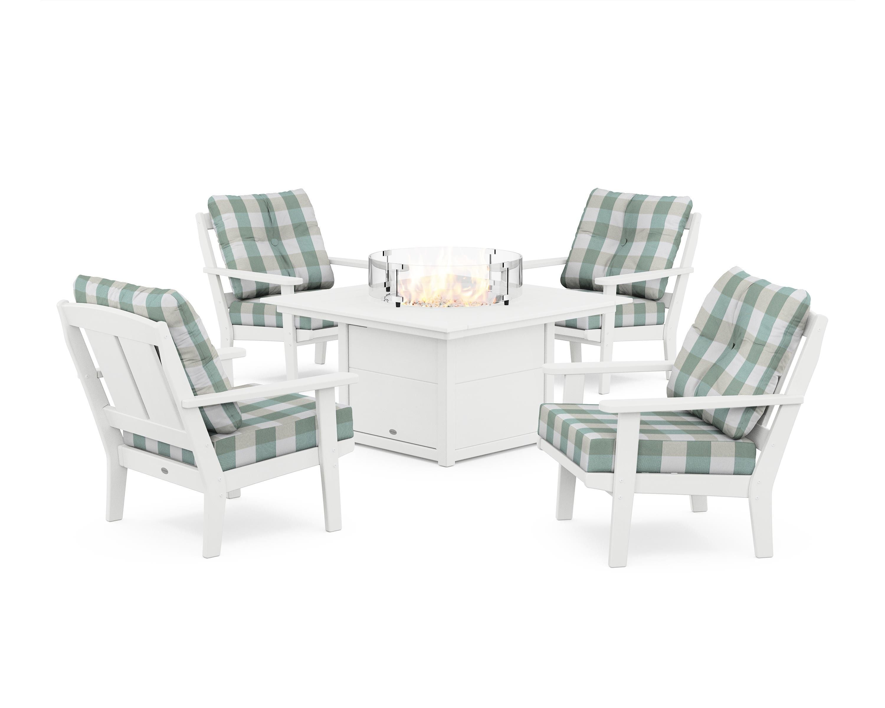 POLYWOOD® Mission 5-Piece Deep Seating Set with Fire Pit Table in White / Buffalo Plaid Glacier Spa