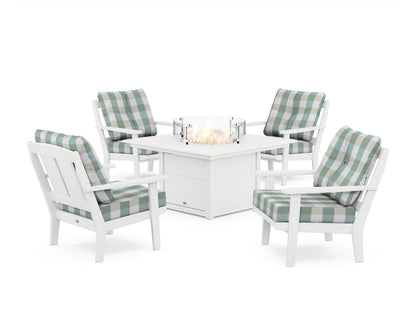 POLYWOOD® Mission 5-Piece Deep Seating Set with Fire Pit Table in White / Buffalo Plaid Glacier Spa