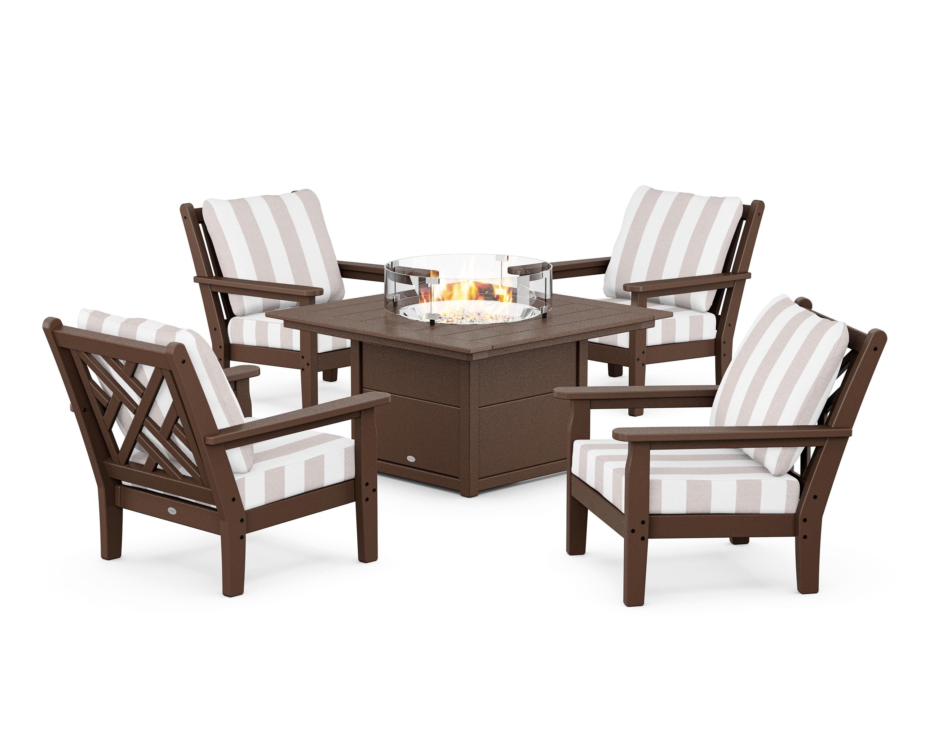 POLYWOOD® Chippendale 5-Piece Deep Seating Set with Fire Pit Table in Mahogany / Cabana Stripe Dune Burlap
