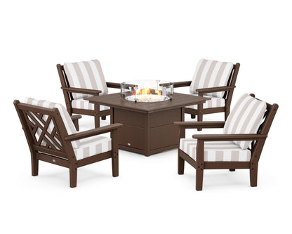 POLYWOOD® Chippendale 5-Piece Deep Seating Set with Fire Pit Table in Mahogany / Cabana Stripe Dune Burlap