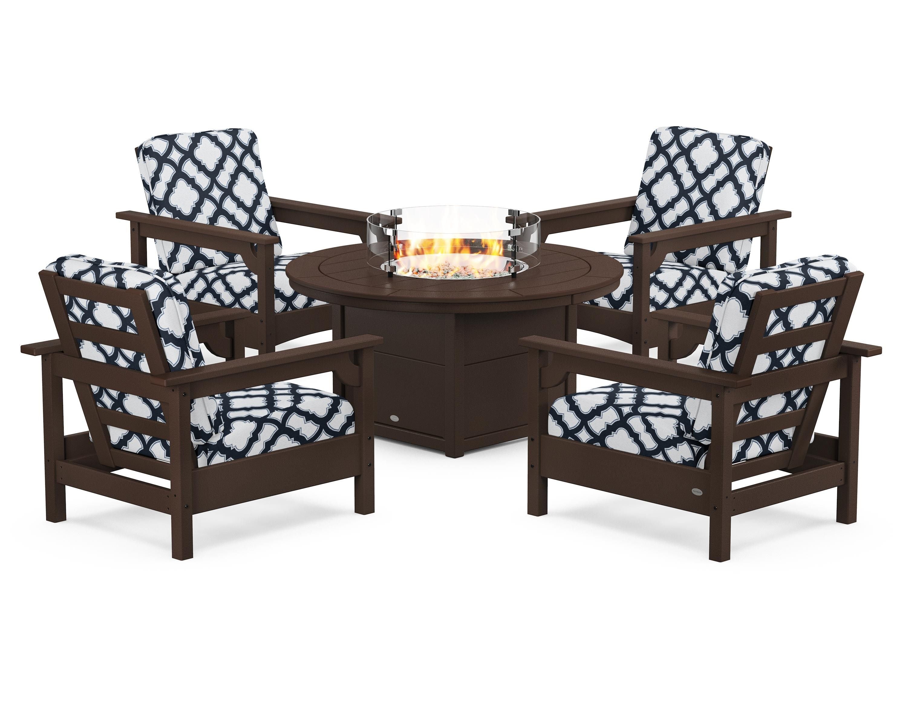 POLYWOOD® Club 5-Piece Conversation Set with Fire Pit Table in Mahogany / Trellis Marine Indigo