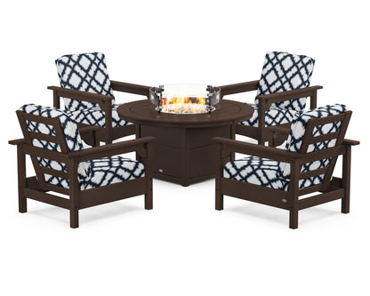 POLYWOOD® Club 5-Piece Conversation Set with Fire Pit Table in Mahogany / Trellis Marine Indigo
