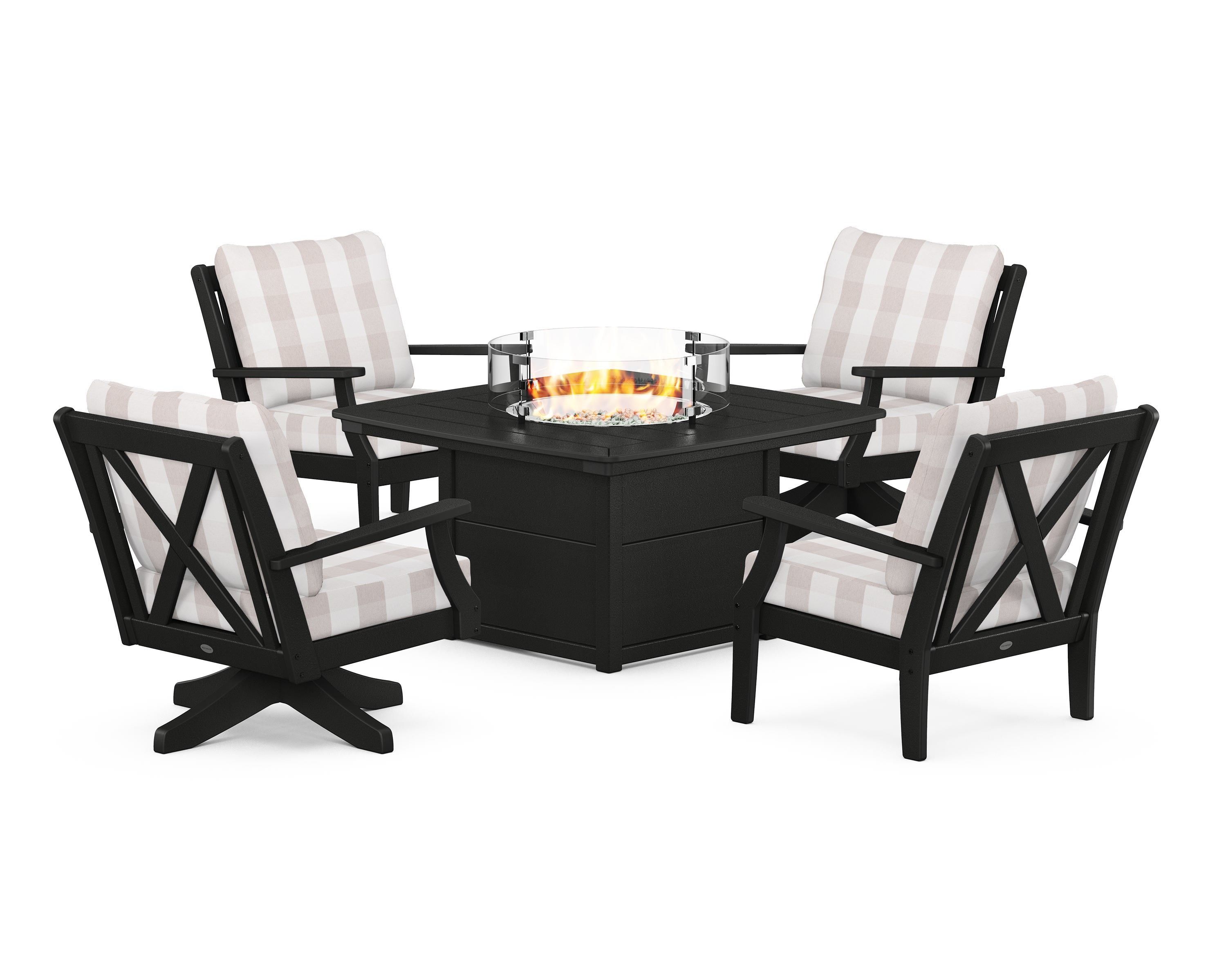 POLYWOOD® Braxton 5-Piece Deep Seating Set with Fire Table in Black / Buffalo Plaid Dune Burlap