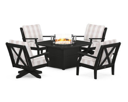 POLYWOOD® Braxton 5-Piece Deep Seating Set with Fire Table in Black / Buffalo Plaid Dune Burlap
