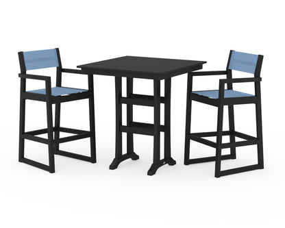 POLYWOOD® EDGE Sling Arm Chair 3-Piece Farmhouse Bar Set with Trestle Legs in Black / Poolside Sling
