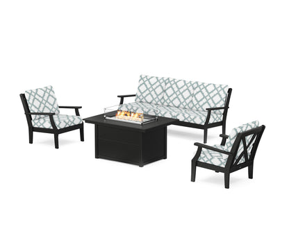 POLYWOOD® Braxton Deep Seating Fire Pit Table Set in Black / Trellis Glacier Spa