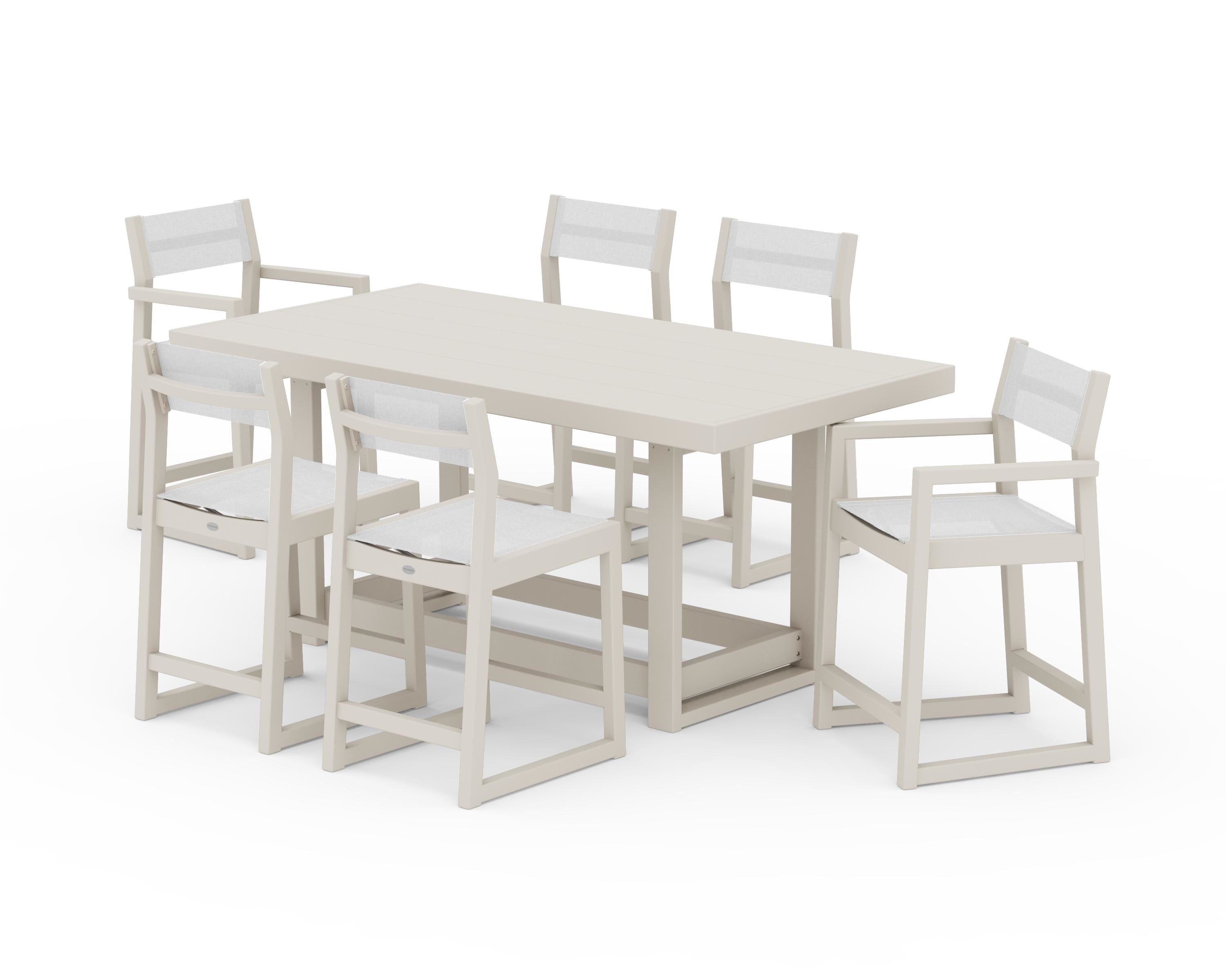 POLYWOOD® EDGE Sling 7-Piece Counter Table Set in Sand / White Sling