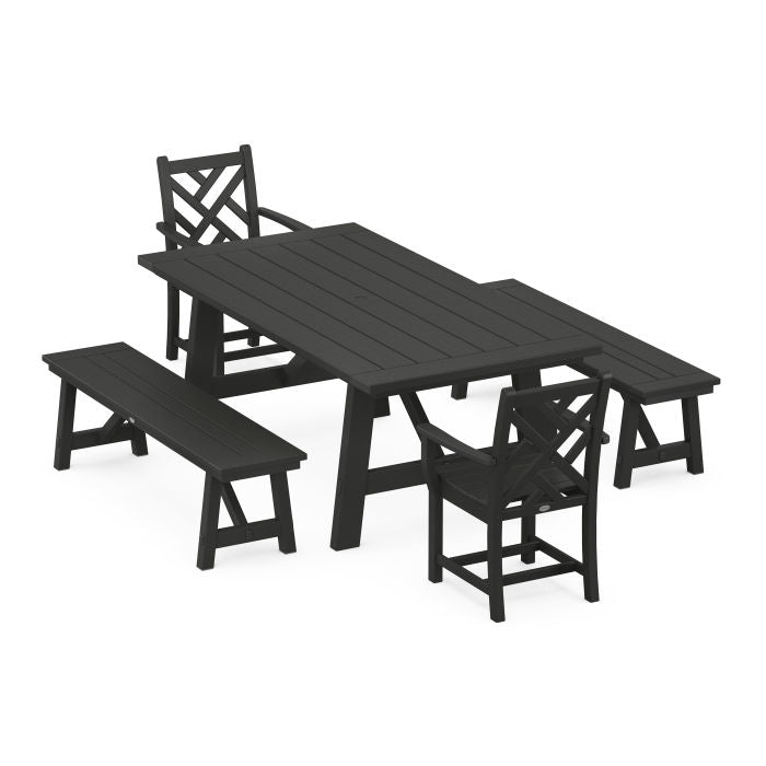 Chippendale 5-Piece Rustic Farmhouse Dining Set With Benches