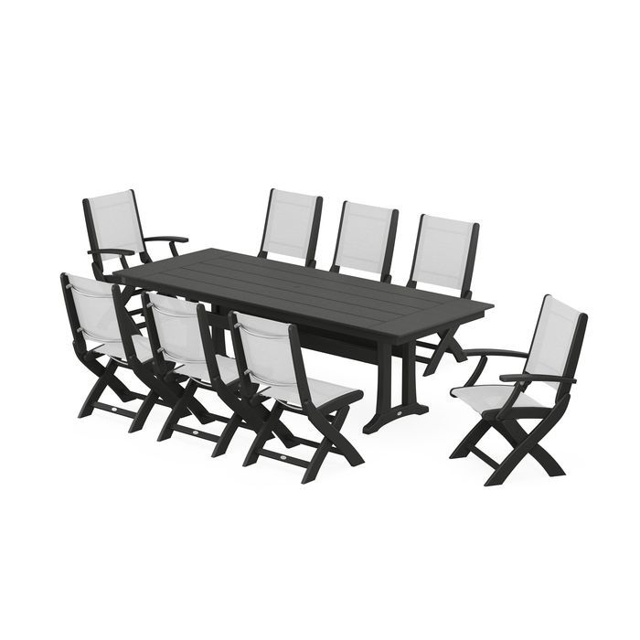 Coastal 9-Piece Folding Dining Chair Farmhouse Dining Set with Trestle Legs