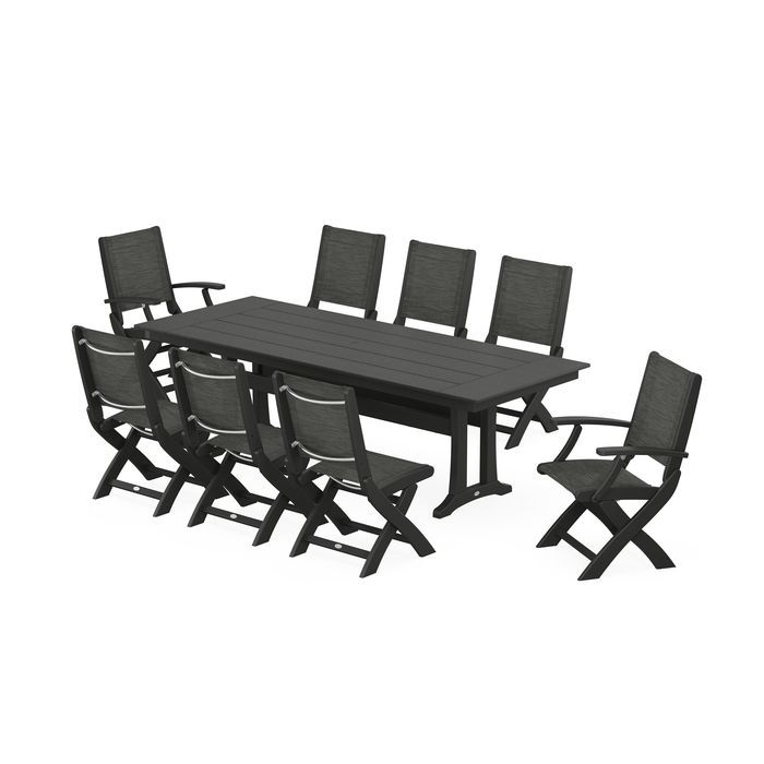 Coastal 9-Piece Folding Dining Chair Farmhouse Dining Set with Trestle Legs