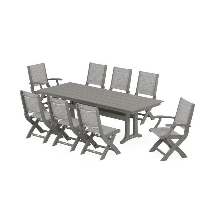 Coastal 9-Piece Folding Dining Chair Farmhouse Dining Set with Trestle Legs