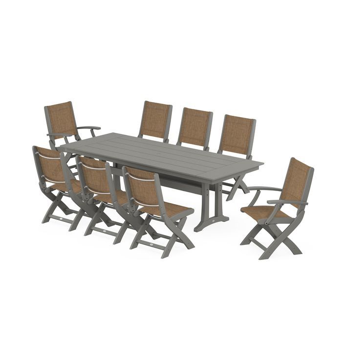 Coastal 9-Piece Folding Dining Chair Farmhouse Dining Set with Trestle Legs