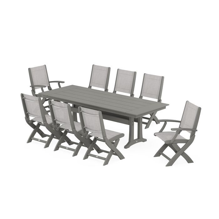 Coastal 9-Piece Folding Dining Chair Farmhouse Dining Set with Trestle Legs