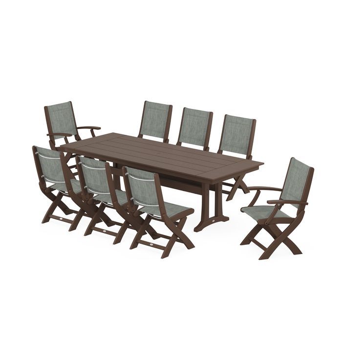 Coastal 9-Piece Folding Dining Chair Farmhouse Dining Set with Trestle Legs