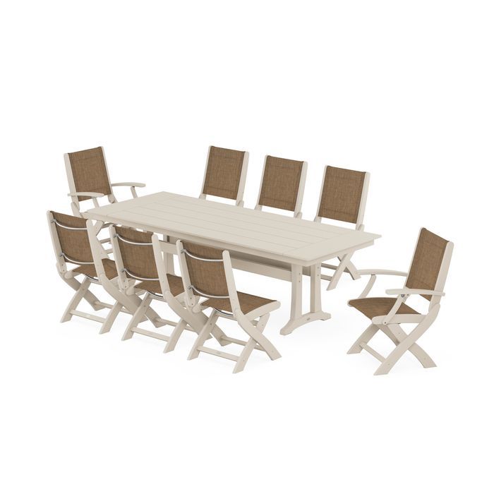 Coastal 9-Piece Folding Dining Chair Farmhouse Dining Set with Trestle Legs