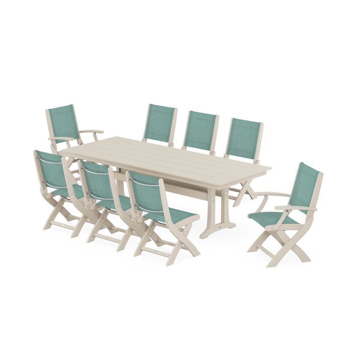 Coastal 9-Piece Folding Dining Chair Farmhouse Dining Set with Trestle Legs