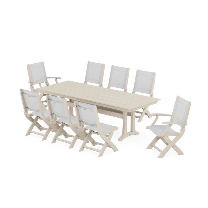 Coastal 9-Piece Folding Dining Chair Farmhouse Dining Set with Trestle Legs