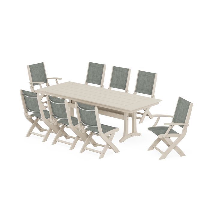 Coastal 9-Piece Folding Dining Chair Farmhouse Dining Set with Trestle Legs