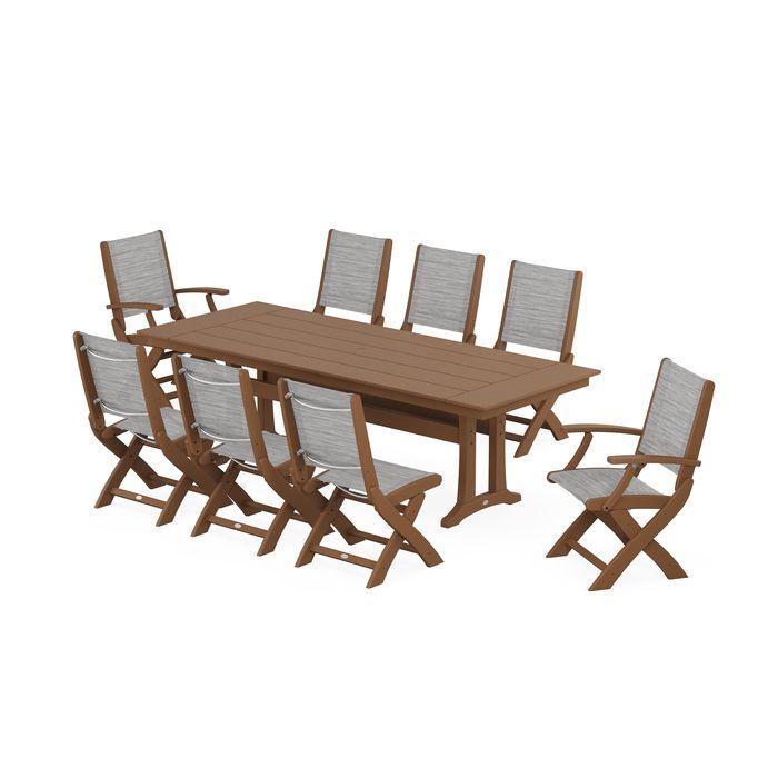 Coastal 9-Piece Folding Dining Chair Farmhouse Dining Set with Trestle Legs