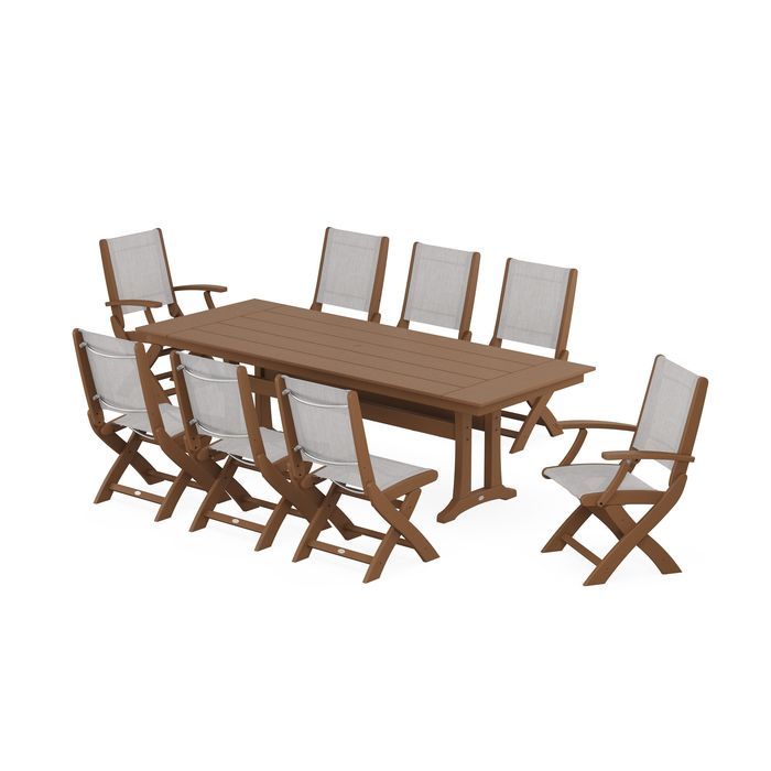 Coastal 9-Piece Folding Dining Chair Farmhouse Dining Set with Trestle Legs