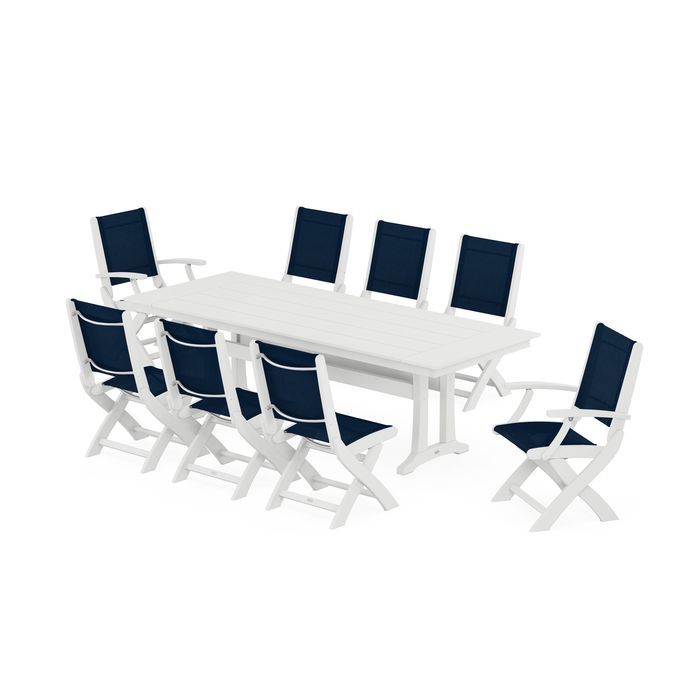 Coastal 9-Piece Folding Dining Chair Farmhouse Dining Set with Trestle Legs