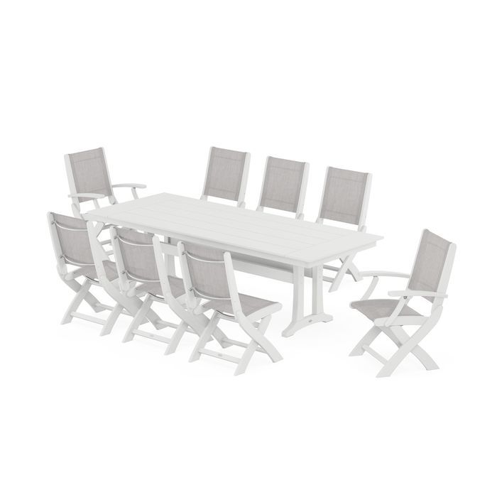 Coastal 9-Piece Folding Dining Chair Farmhouse Dining Set with Trestle Legs