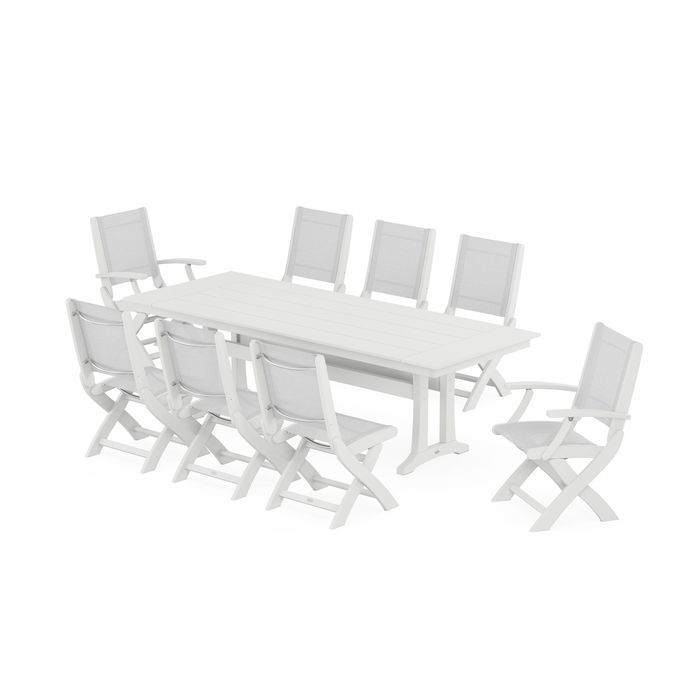 Coastal 9-Piece Folding Dining Chair Farmhouse Dining Set with Trestle Legs