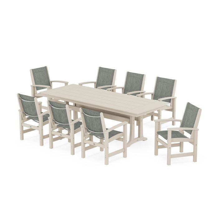 Coastal 9-Piece Farmhouse Dining Set with Trestle Legs