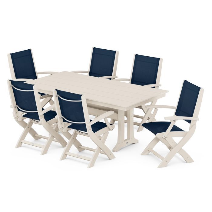 Coastal Folding Chair 7-Piece Dining Set with Trestle Legs