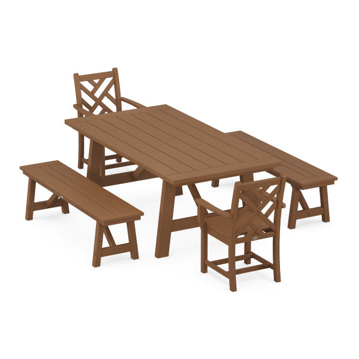 Chippendale 5-Piece Rustic Farmhouse Dining Set With Benches