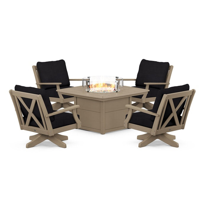 Braxton 5-Piece Deep Seating Swivel Conversation Set with Fire Pit Table in Vintage Finish