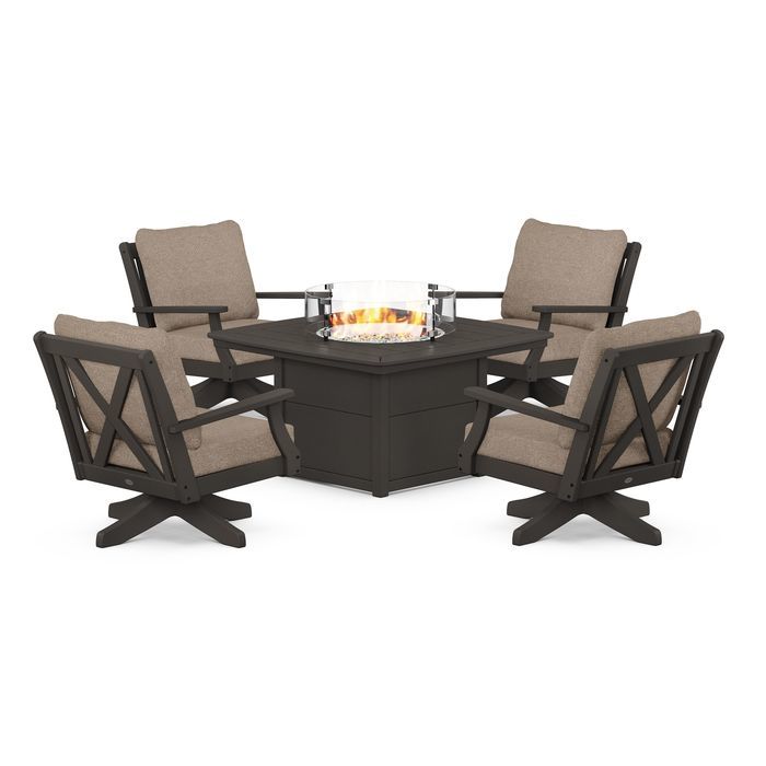 Braxton 5-Piece Deep Seating Swivel Conversation Set with Fire Pit Table in Vintage Finish