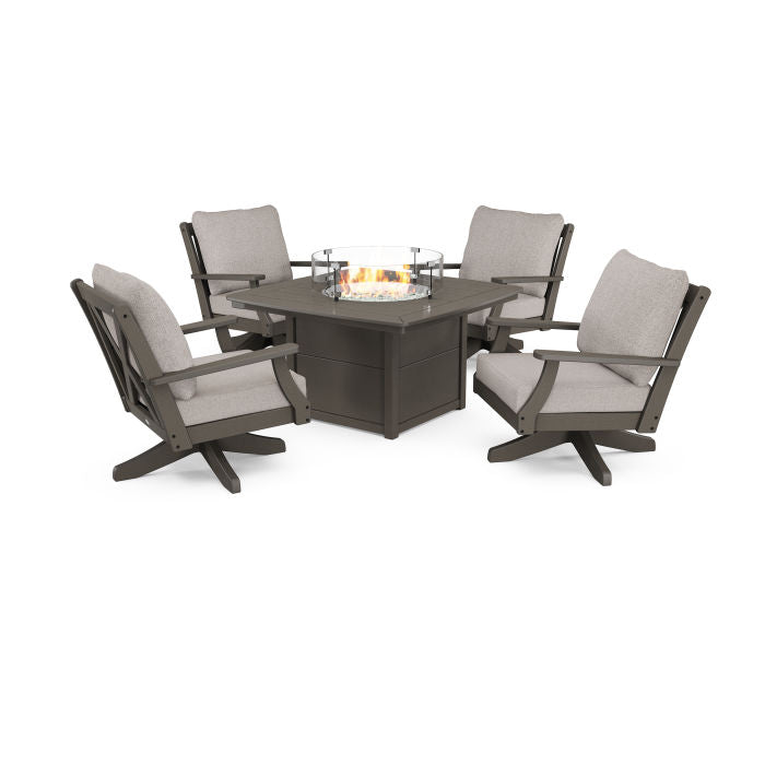 Braxton 5-Piece Deep Seating Swivel Conversation Set with Fire Pit Table in Vintage Finish