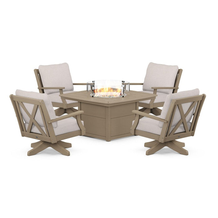 Braxton 5-Piece Deep Seating Swivel Conversation Set with Fire Pit Table in Vintage Finish