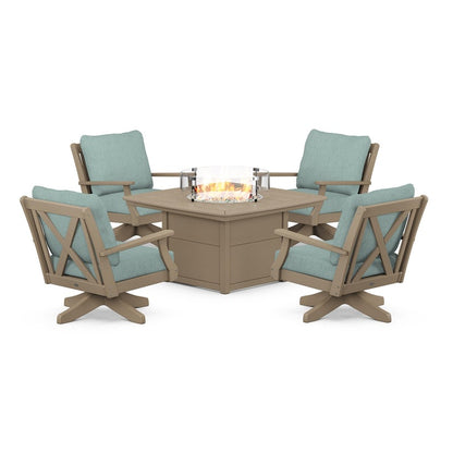 Braxton 5-Piece Deep Seating Swivel Conversation Set with Fire Pit Table in Vintage Finish