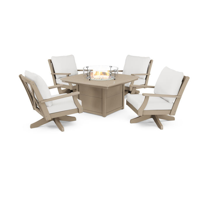 Braxton 5-Piece Deep Seating Swivel Conversation Set with Fire Pit Table in Vintage Finish